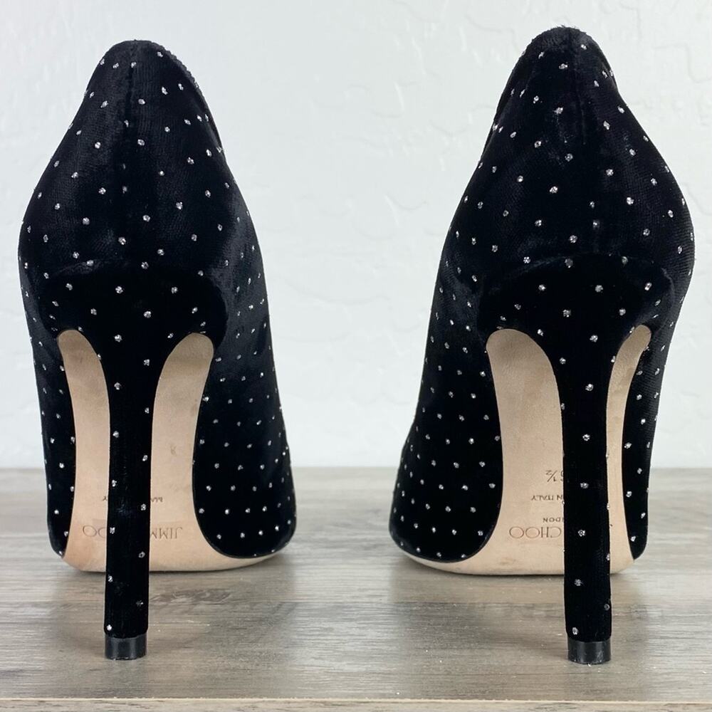 Jimmy Choo Romy 100 Silver Glitter Spotted BlackVelvet Pointy Toe Pumps Sz 6.5 - Picture 7 of 14